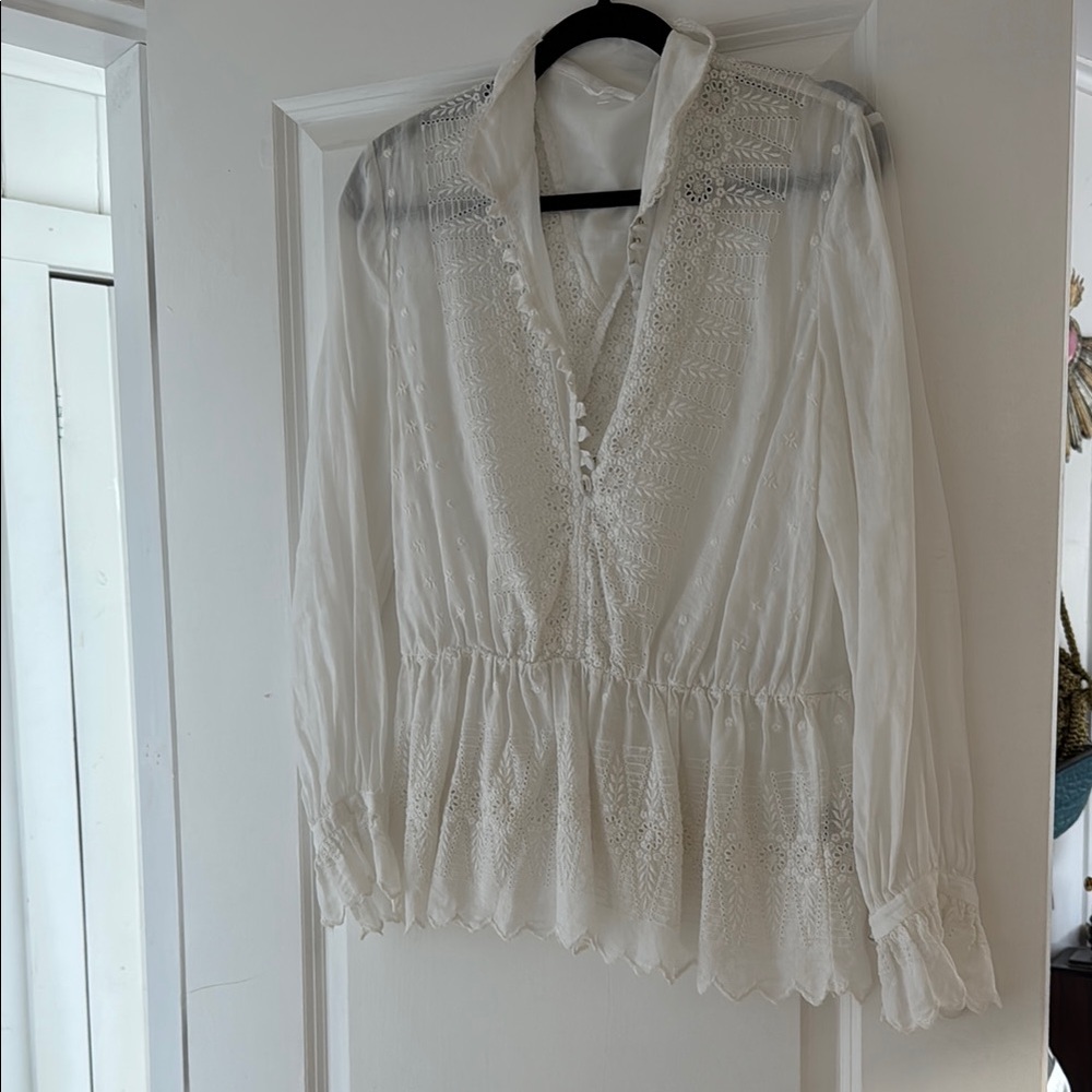 White Ruffled Peplum Blouse with Bib Collar